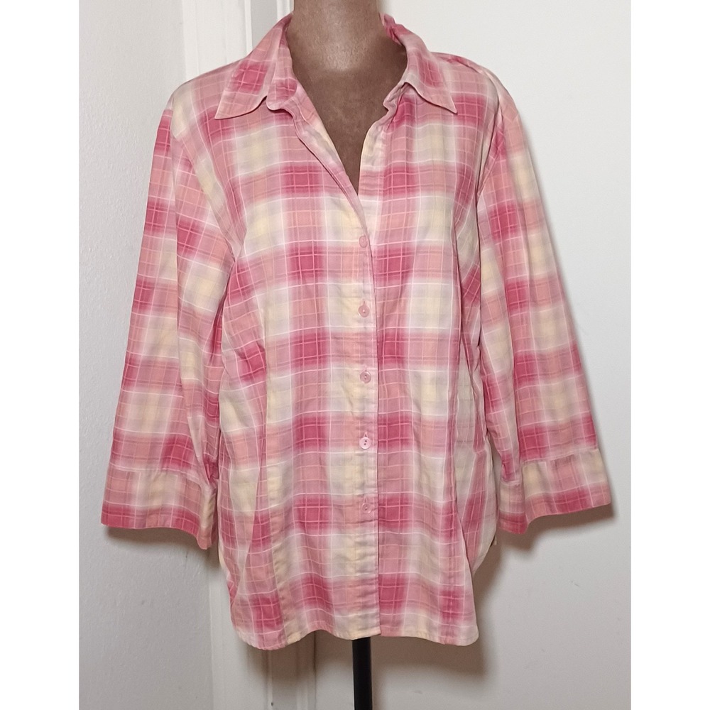 Talbots Women Shirt‎ Size L Pink Yellow Plaid Button Up Cotton Preppy Vintage